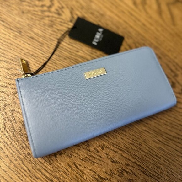 NWT！NEW！Furla L-Zip Long Wallet -Women Soffiano Leather -Blue Tempesta/Authentic - Picture 1 of 6